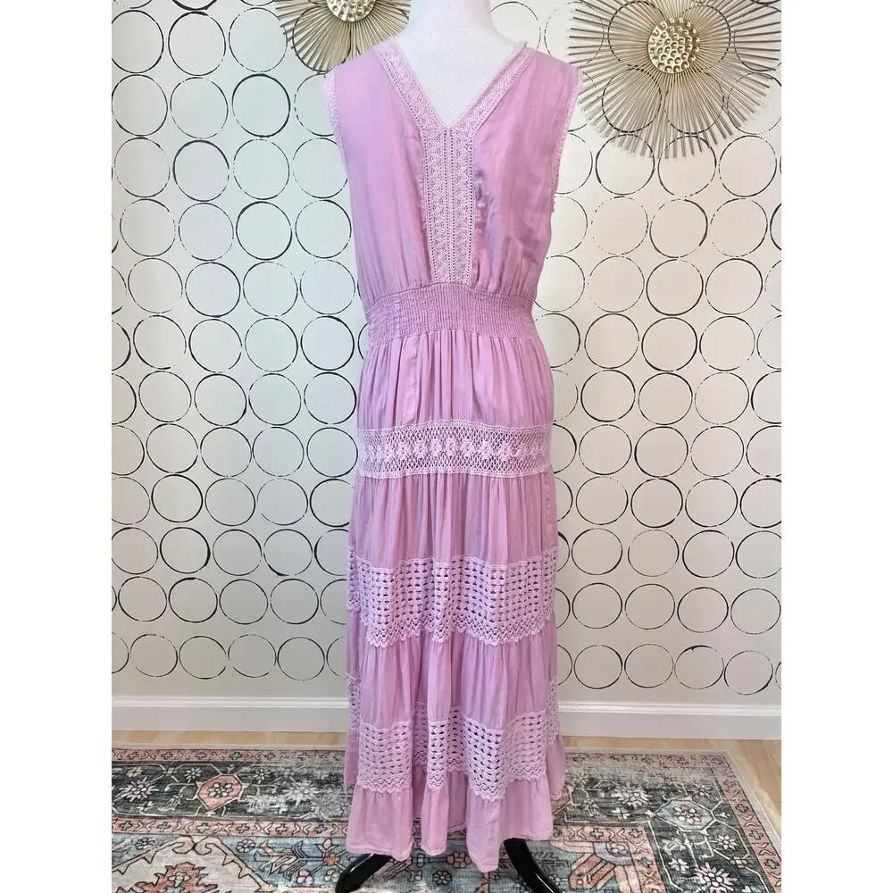 Crochet Tiered Maxi Dress Womens L Pink Purple Cottage Boho Romantic Cotton - Picture 3 of 15